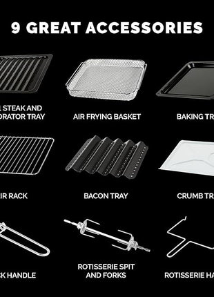 Kalorik MAXX Air Fryer Oven, 26 Quart 10-in-1 Countertop Toaster Oven & Air Fryer Combo - Fry, Bake, Roast, Rotisserie, & More, Large Glass French Doors & 9 Accessories, 1700-Watts, Stainless Steel