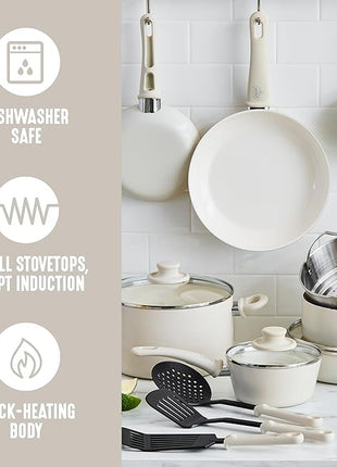 GreenLife Soft Grip 16 Piece Cookware Set, Non-Toxic PFAS-Free Ceramic Nonstick, Frying, Sauce, Saute, Utensils, Glass Lids, Stay-Cool Handles, Wobble Free, Dishwasher & Oven Safe, Cream