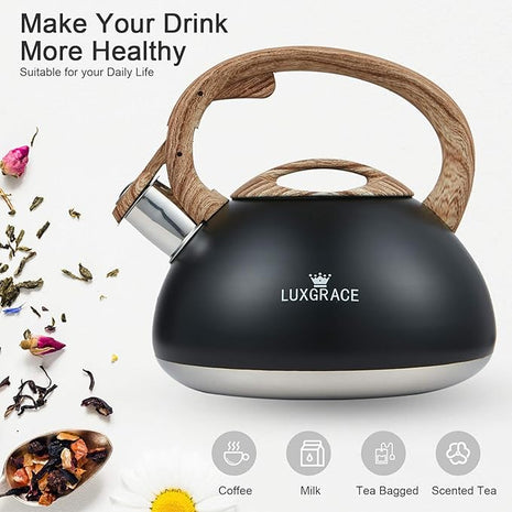 s-p Whistling Tea Kettle Stainless Steel Teapot, Teakettle for Stovetop Induction Stove Top, Fast Boiling Heat Water Tea Pot 2.2 Quart(Black)