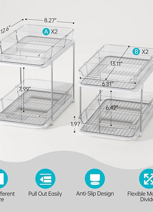 Delamu 4 Pack 2-Tier Bathroom Under Sink Organizers and Storage, Multi-Purpose Stackable Pantry Organization and Storage, Pull Out Clear Kitchen Bathroom Cabinet Organizer with Movable Dividers, White