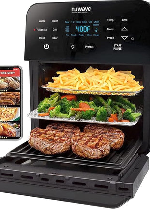 Nuwave Brio Air Fryer Oven, 15.5Qt X-Large Family Size, SS Rotisserie Basket &Skewer-Kit, Reversible Ultra Non-Stick Grill/Griddle Plate, Powerful 1800W, Integrated Smart Thermometer,Black