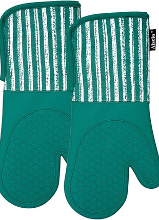 Silicone Oven Mitts Heat Resistant 932℉ with Waterproof & Non-Slip Kitchen Mittens, Set of 2 Extra Long Oven Gloves with Soft Cotton Terry Lining for Baking Cooking Barbecue (Emerald Green, 2)
