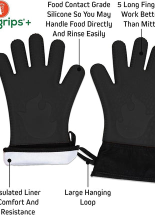 Ekogrips+ Premium Silicone Oven Mitts - Comfy, Waterproof, Heat Resistant BBQ Gloves for Grilling, Long Cuff for Added Protection, 5 Finger Dexterity, 3 Sizes, 4 Colors, S/M, Black