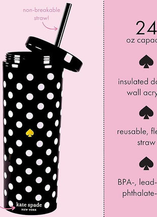 kate spade new york Insulated Tumbler with Reusable Straw, Black 24 Ounce Acrylic Travel Cup with Lid, Polka Dots