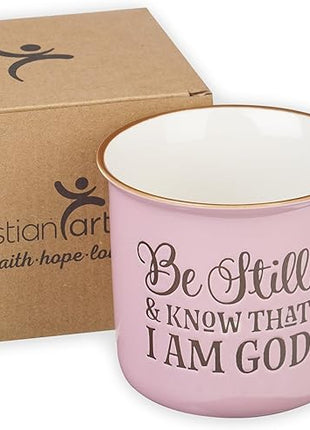 Christian Art Gifts Pink Camp Style Ceramic Coffee Mug – 13 oz. Microwave and Dishwasher Safe Inspirational Scripture Coffee and Tea Mug for Women with Bible Verse: Be Still and Know - Psalm 46:10