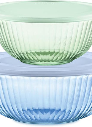 Pyrex Colors Tinted 4-PC, Medium/Large Glass Mixing Bowls With Lids, Nesting Space Saving Set of Bowls For Prepping and Baking, 2.3QT & 4.5QT