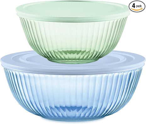 Pyrex Colors Tinted 4-PC, Medium/Large Glass Mixing Bowls With Lids, Nesting Space Saving Set of Bowls For Prepping and Baking, 2.3QT & 4.5QT