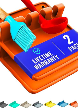 Orange Silicone Spoon Rest for Stove Top with Drip Pad (Two Pack) - Heat Resistant BPA Free Utensil Rest & Spoon Holder for Kitchen Counter - Grill Utensil Holder - Spatula Holder, Tongs, Ladle