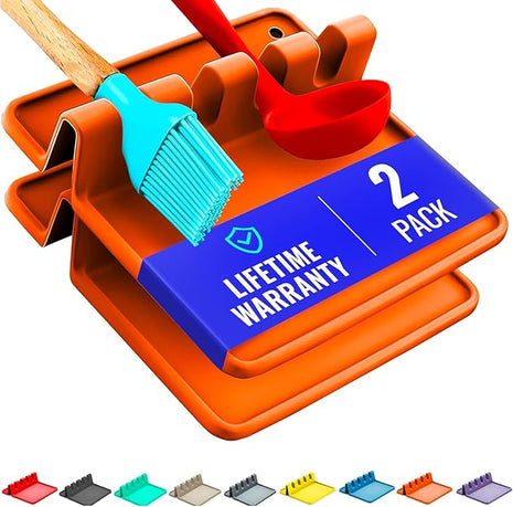 Orange Silicone Spoon Rest for Stove Top with Drip Pad (Two Pack) - Heat Resistant BPA Free Utensil Rest & Spoon Holder for Kitchen Counter - Grill Utensil Holder - Spatula Holder, Tongs, Ladle