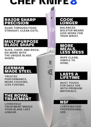 Dalstrong Chef Knife - 8 inch Blade - Gladiator Series - Forged High Carbon German Steel - Razor Sharp Kitchen Knife - Professional Full Tang Knives - Lilac Handle ABS - Sheath - NSF Certified