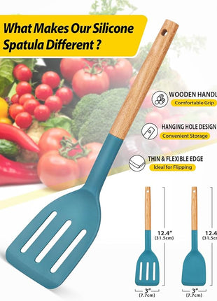 Pack of 2 Silicone Cooking Spatula, Heat Resistant Solid Turner, Non Stick Slotted Spatulas with Wooden Short Handle,Ideal Wood Kitchen Utensils Set for Frying, Baking, Flipping, Turning