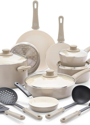 GreenLife 16 Piece Nonstick Cookware Set, Soft Grip Non-Toxic PFAS-Free Ceramic Pots & Pans, Dishwasher & Oven Safe, Frying, Sauce, Saute, Utensils, Glass Lids, Stay-Cool Handles, Wobble Free, Taupe