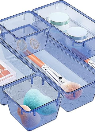 WOWBOX 6 Pack Clear Drawer Organizer Set, Acrylic Drawer Storage Trays, Storage Bins for Makeup, Cosmetics, Jewelries, Utensils, Gadgets, Office, Dark Blue