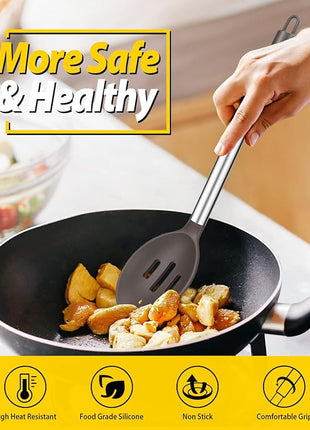 Pack of 2 Large Silicone Cooking Spoons,Non Stick Solid Basting Spoon,Heat-Resistant Kitchen Utensils for Mixing,Serving,Draining,Stirring (CHOCOLATE)