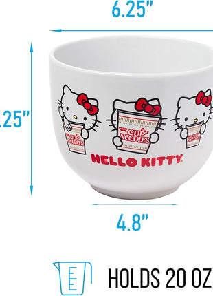 Silver Buffalo Sanrio Hello Kitty Cup Noodles Nissin Ceramic Ramen Noodle Rice Bowl with Chopsticks, Microwave Safe, 20 Ounces