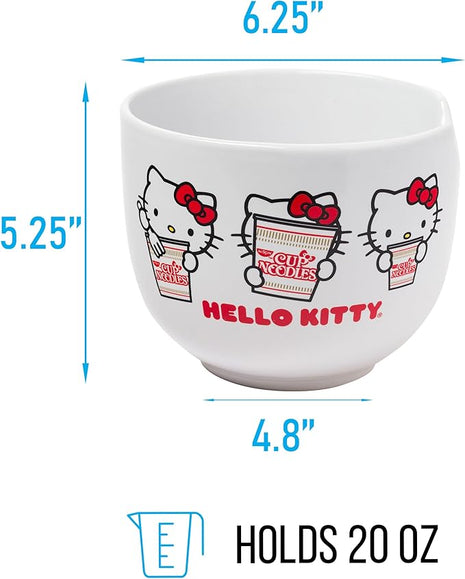Silver Buffalo Sanrio Hello Kitty Cup Noodles Nissin Ceramic Ramen Noodle Rice Bowl with Chopsticks, Microwave Safe, 20 Ounces