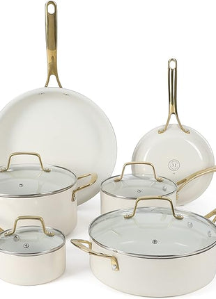 Martha Stewart Lockton Premium Non stick Non Toxic PFA Free Ceramic Interior 10 Piece Heavy Gauge Enamel Aluminum Pots and Pans Cookware Set - Linen White w/Gold Handle