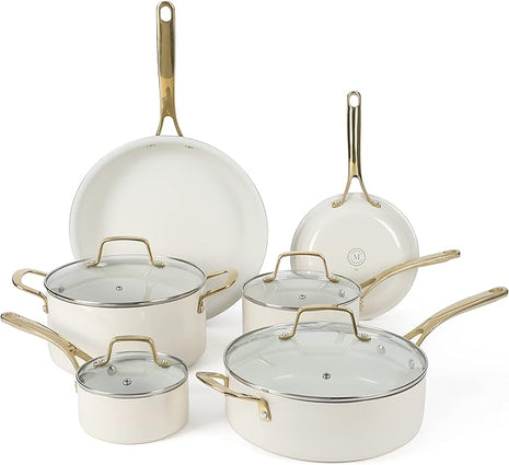 Martha Stewart Lockton Premium Non stick Non Toxic PFA Free Ceramic Interior 10 Piece Heavy Gauge Enamel Aluminum Pots and Pans Cookware Set - Linen White w/Gold Handle