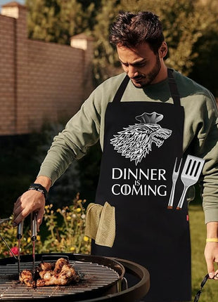 Grill Aprons for Men Women, Dinner is Coming Kitchen Chef Apron with 2 Pockets and 40" Long Ties, Adjustable Bib Apron for Cooking, BBQ, Baking, Gardening, Black