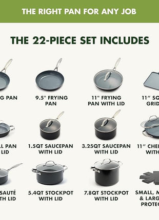 GreenPan 22 Piece Valencia Pro Ceramic Nonstick Cookware Set, PFAS-Free, Induction Ready, Hard Anodized Pots & Pans with Lids, Compatible on All Cooktops, Dishwasher & Oven Safe, Gray