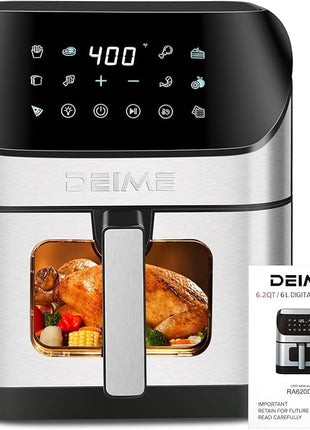 DEIME Air Fryer 6.2 QT Oilless 1500W Large Capacity Oven Air Fryers Healthy Cooker with 10 Preset, Visual Cooking Window, Non-Stick Basket, Included Recipe
