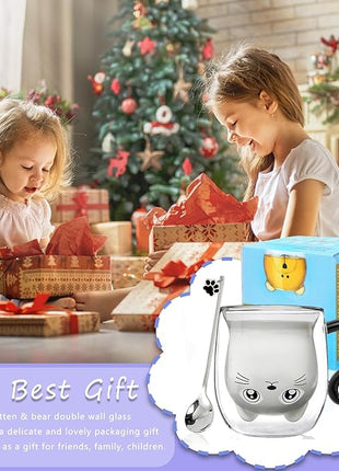 Black Cat Mug Cute Mug with Handle Double Walled Coffee Mugs Kawaii Cat Presents for Women Glass Mugs Tea Cup Cute Birthday Gifts for Cat Lovers Ideas Halloween Christmas