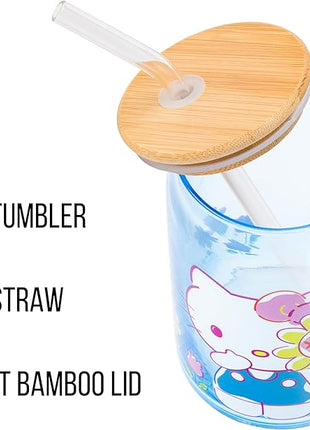 Silver Buffalo Sanrio Hello Kitty Floral Glass Tumbler with Bamboo Lid and Glass Straw, 16 Ounces