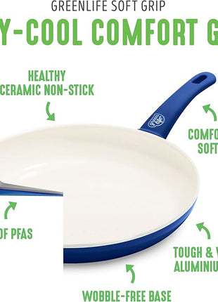 GreenLife Soft Grip 23 Piece Kitchen Cookware Pots and Frying Saucepans Set, Healthy Ceramic Nonstick PFAS and PFOA-Free, Dishwasher and Oven Safe, Even Heating, Easy Clean, Warp Control, Blue