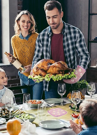 AUAUY Oven Mitts and Potholders, BBQ Gloves Heat Resistant, 1 Pair Oven Mitts and 2 Pot Holders, Cotton Non-Slip Cooking Gloves for Cooking Baking Kitchen Microwave Pizza(Daisy-Pink)