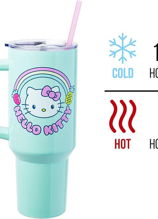 Silver Buffalo Sanrio Hello Kitty Kawaii Strawberry, Pineapple, and Rainbows Stainless Steel Tumbler with Handle and Straw, Fits in Standard Cup Holder, 40 Ounces