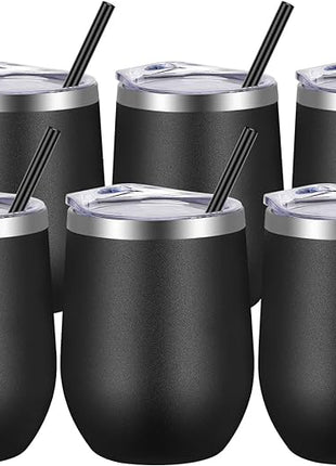 VEGOND Wine Tumblers Bulk 6 Pack, 12oz Stainless Steel Stemless Wine Glass with Lids and Straws, Double Wall Vacuum Insulated Tumbler Cup, Coffee Mug for Cold Hot Drinks