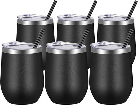 VEGOND Wine Tumblers Bulk 6 Pack, 12oz Stainless Steel Stemless Wine Glass with Lids and Straws, Double Wall Vacuum Insulated Tumbler Cup, Coffee Mug for Cold Hot Drinks
