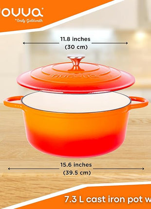 Cast Iron Dutch Oven with Lid – Non-Stick Ovenproof Enamelled Casserole Pot – Sturdy Dutch Oven Cookware – Orange, 7.3-Quart, 30cm – by Nuovva