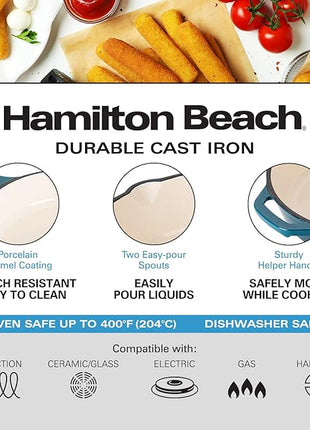 Hamilton Beach Enameled Cast Iron Fry Pan 12-Inch Navy, Cream Enamel Coating, Skillet Pan For Stove top and Oven, Even Heat Distribution, Durable