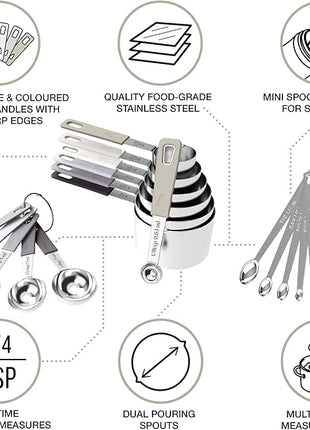 22-Piece Stainless Steel Measuring Cups and Spoons Set, Tad Dash Pinch Smidgen Drop Mini Measuring Spoons, Measuring Stick Leveler, Measurement Conversion Chart Fridge Magnet, (Charcoal)