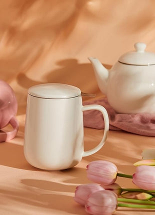 Sweese 20 OZ Porcelain Tea Mug with Infuser and Lid, Loose Leaf Tea Cup, Gifts for Tea Lover - White