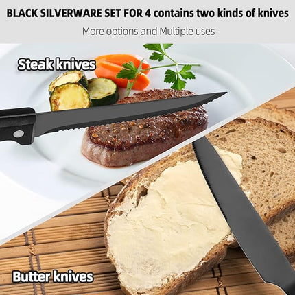 CEKEE 24 Piece Silverware Set for 4 With Steak Knives, Stainless Steel Black Flatware, Utensils, Tableware Cutlery for Home & Kitchen, Hand Wash Recommended