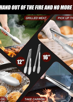 Walfos Extra Long Grill Tongs - Heavy Duty Metal Tongs - 16 & 12 inch Great for Grilling,BBQ/Barbecue,Cooking - Stainless Steel and Non-Slip Heat Resistant Silicone Handle (Set of 2)
