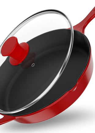 Utopia Kitchen Saute Frying Pan 12 Inch, Cast Iron Chefs Pan, Pre Seasoned Cast iron Skillet With Lid, Safe Grill Cookware for Indoor & Outdoor Use, Red