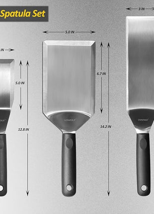 Stainless Steel Spatula Set With Full Tang Silicone Handle & Beveled Edges - Long Wide for Cast Iron Griddle BBQ Flat Top Grill, Pancake, Smash Burgers