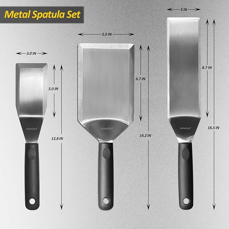 Stainless Steel Spatula Set With Full Tang Silicone Handle & Beveled Edges - Long Wide for Cast Iron Griddle BBQ Flat Top Grill, Pancake, Smash Burgers