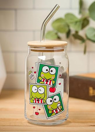 Silver Buffalo Sanrio Hello Kitty and Friends Keroppi Polaroids Glass Jar Tumbler with Bamboo Lid and Glass Straw, 16 Ounces (Pack of 12)
