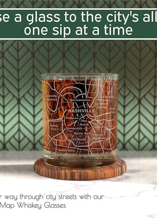 Greenline Goods Whiskey Glasses - 10 Oz Tumbler Gift Set for Nashville lovers, Etched with Nashville Map | Old Fashioned Rocks Glass - Set of 2