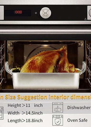 15 Inch Stainless Steel Roasting Pan with V-Shaped Rack and Turkey Baster - Rectangular Roaster for Turkey, Chicken, Vegetables - Fits 20lb Turkey