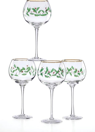 Lenox Drinkware, Holiday 4-Piece Wine Balloon Glass Set, Set Of 4, 16 Oz Capacity, Made From Glass, Festive Red Christmas Design, Hand Wash Only, Christmas Decorations, Winter Decor (4 Piece)