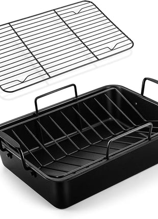 TeamFar Roasting Pan, 16’’ Nonstick Deep Lasagna Brownie Turkey Pan with V-Shaped Rack & Cooling Rack, with Stainless Steel Core & Nonstick Coating, Healthy & Sturdy Handles, Easy to Clean, Set of 3