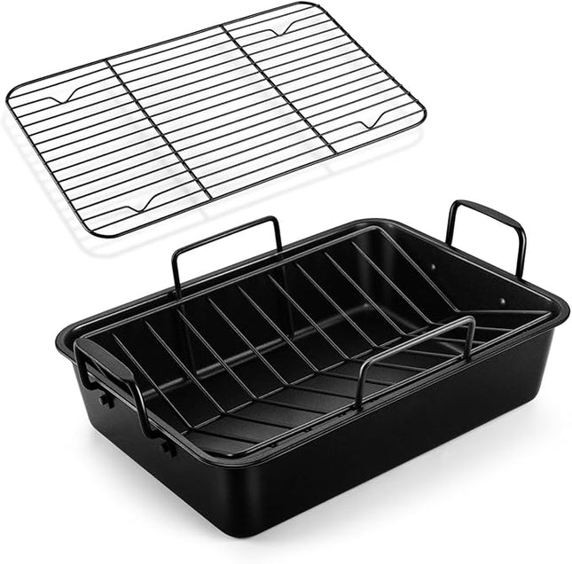TeamFar Roasting Pan, 16’’ Nonstick Deep Lasagna Brownie Turkey Pan with V-Shaped Rack & Cooling Rack, with Stainless Steel Core & Nonstick Coating, Healthy & Sturdy Handles, Easy to Clean, Set of 3