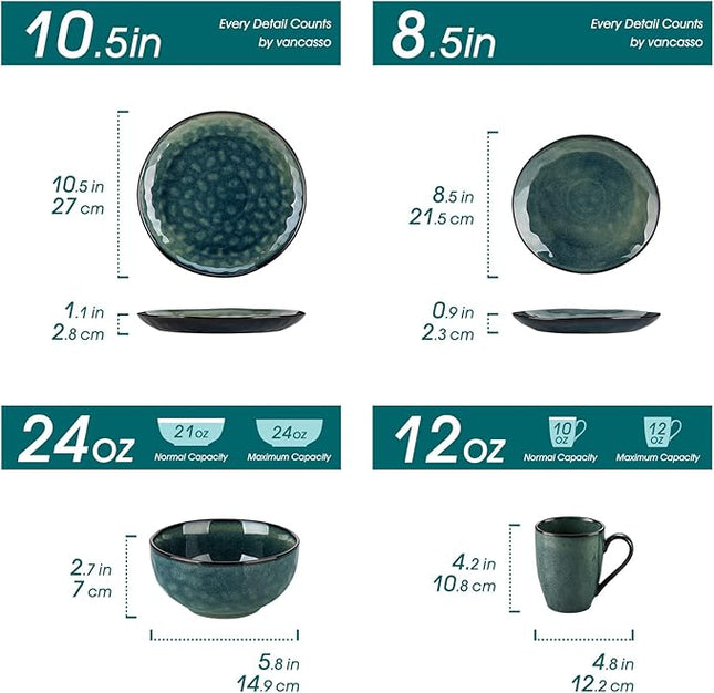 vancasso Starry Dinnerware Set for 4, 16 Pieces Handmade Reactive Glaze Stoneware Plates and Bowls Sets with Mugs, Dishwasher and Microwave Safe Dish Set, Green