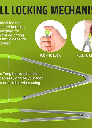 Kaluns Kitchen Tongs for Cooking Grilling Set of 4, BBQ Grill Tongs With Silicone Tip Stainless Steel Heat Resistant, Non-stick Pull Lock, Incl 7, 9, 12 Inch Tong Plus a Silicone Spatula