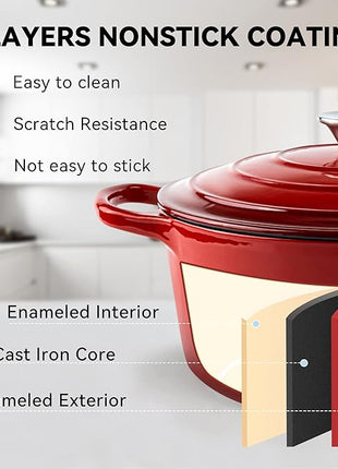 Miereirl 6 Quart Enameled Dutch Oven Pot with Lid, Cast Iron Dutch Oven with Dual Handles for Bread Baking, Cooking, Non-stick Enamel Coated Cookware (Red)